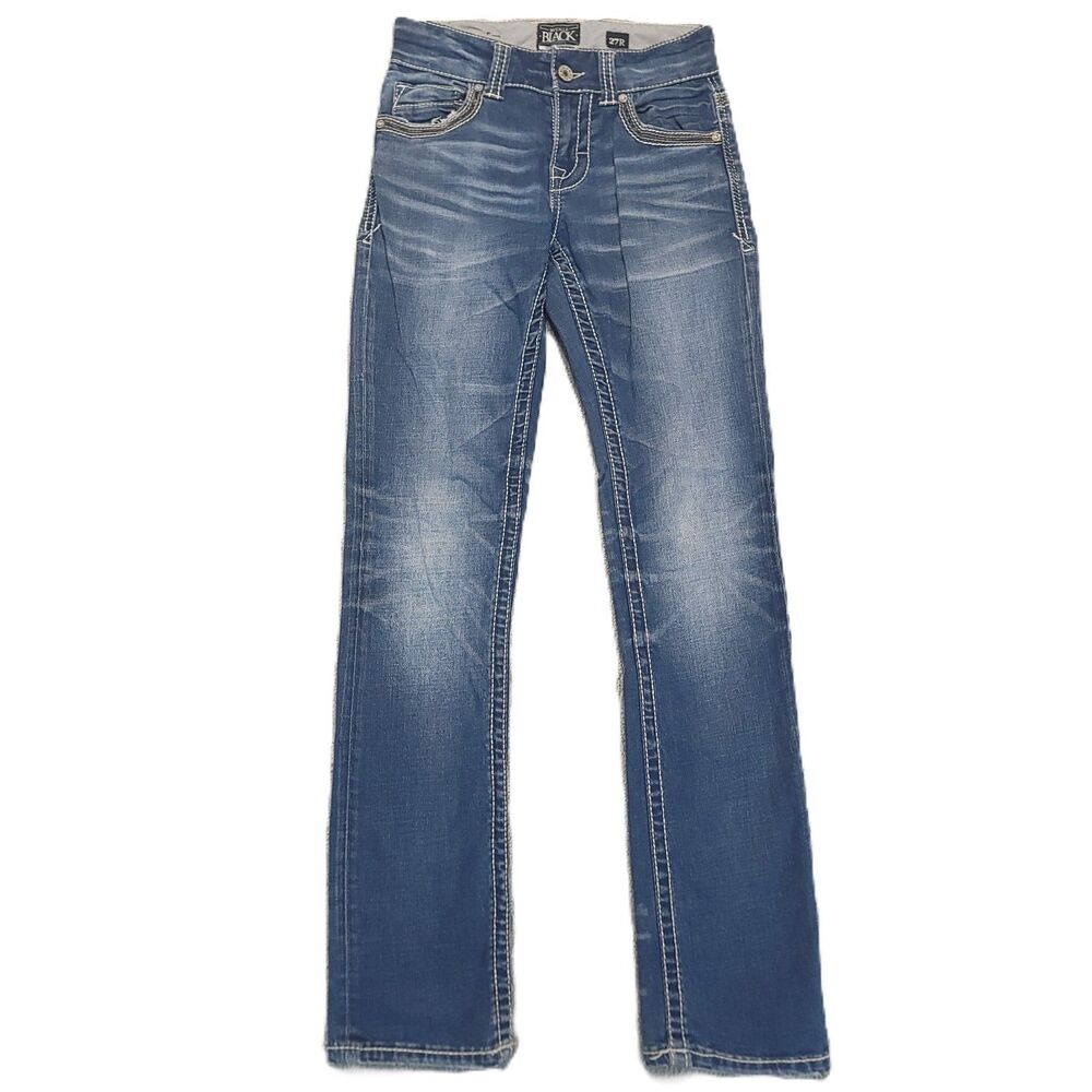 Buckle Black Fit No 3 Mens 27R (27x33) Jeans Straight Leg Embordered Blue Denim